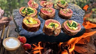 WILD STEAK ROLLS SIZZLING on HOT STONE | Primitive ASMR Cooking