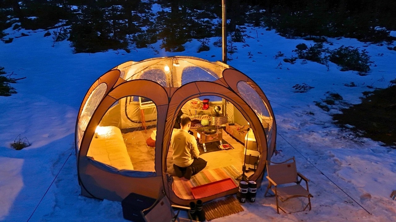 Поход по снегу с нашей новой купольной палаткой || Палатка-баллон с обзором на 360°
