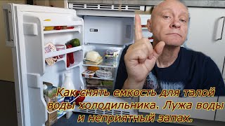 Лужа под холодильником и запах в нем. Как снять емкость для стока талой воды. Вода в холодильнике.