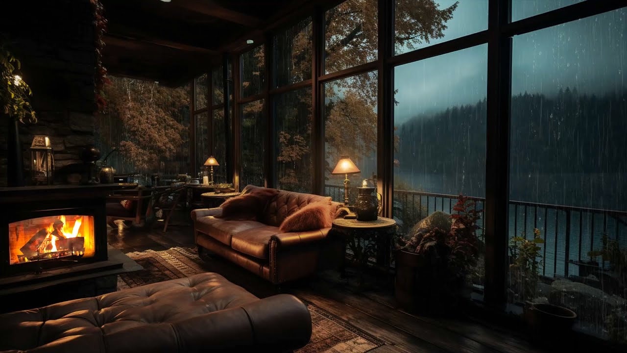 Cozy Lakeside Porch with Rain on the Roof and Warm Fireplace | ASMR ...