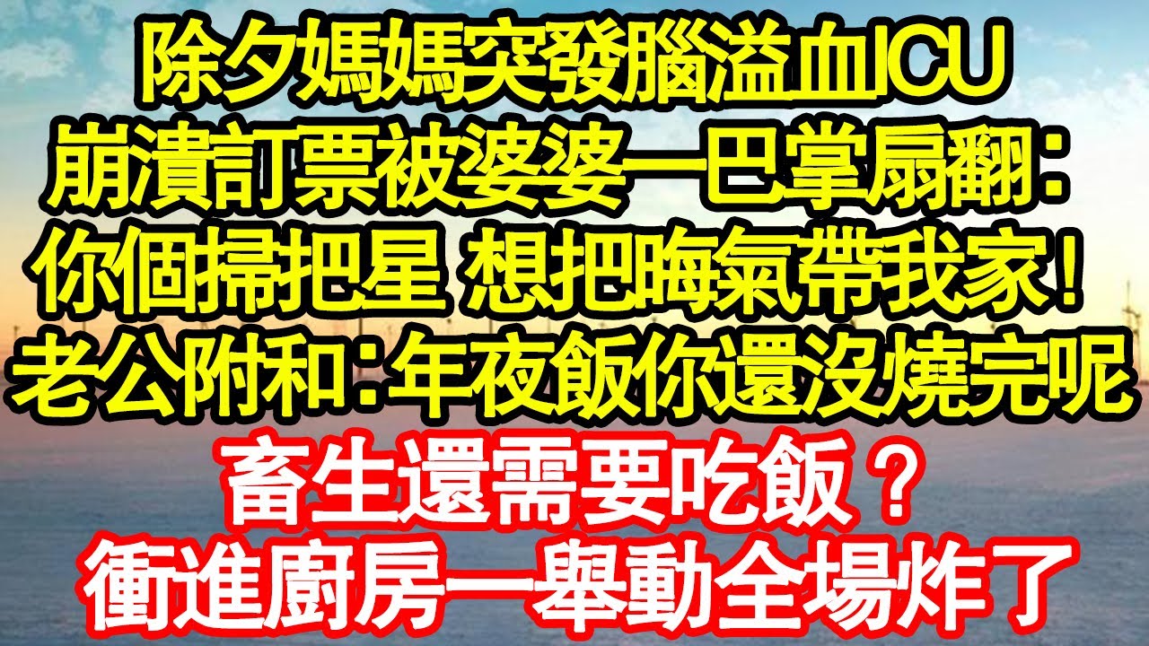 除夕媽媽突發腦溢血ICU，崩潰訂票被婆婆一巴掌扇翻：你個掃把星 想把晦氣帶我家！老公附和：年夜飯你還沒燒完呢，畜生還需要吃飯？衝進廚房一舉動全場炸了真情故事會|老年故事|情感需求|養老|家庭正能量