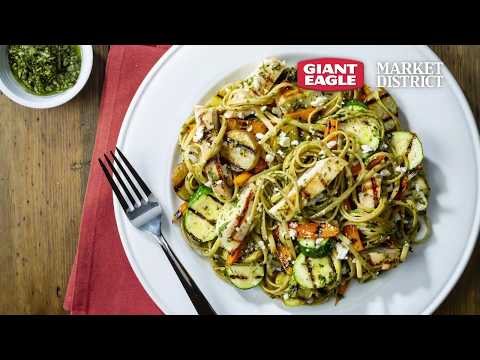 Whole Grain Linguine with Carrot Top Pesto, Chicken & Grilled Vegetables