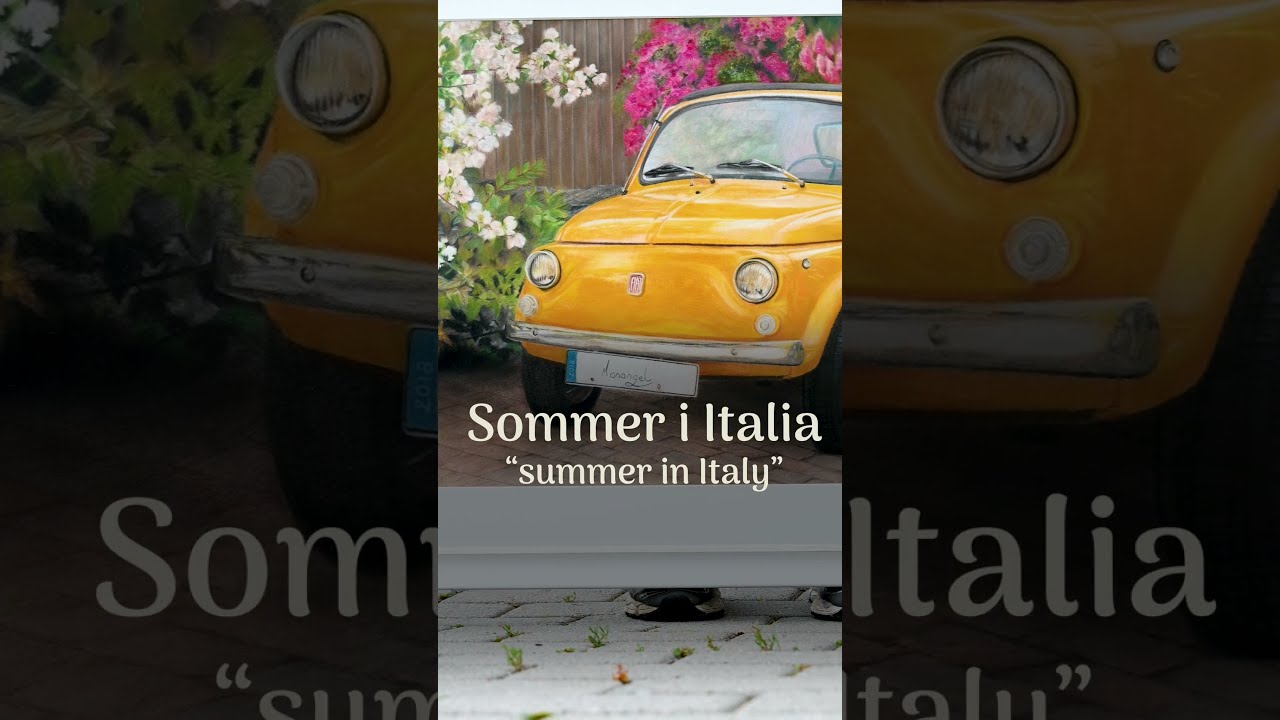Original Pastel Painting Of A Yellow Vintage Fiat 500
