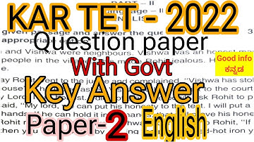 KAR TET | Question paper | Govt official | Key answers | Paper 2 | 2022 | ENGLISH