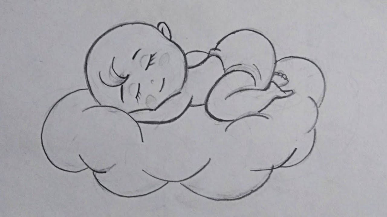 A Dreaming Baby boy sleeping on clouds pencil drawing