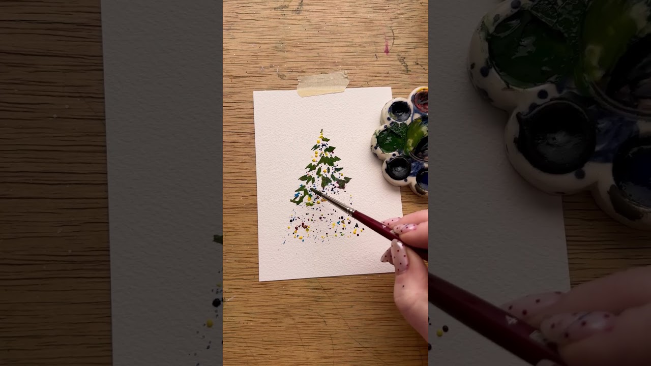 Day 1 of watercolor holiday card making - simple watercolor Christmas tree using splatter!