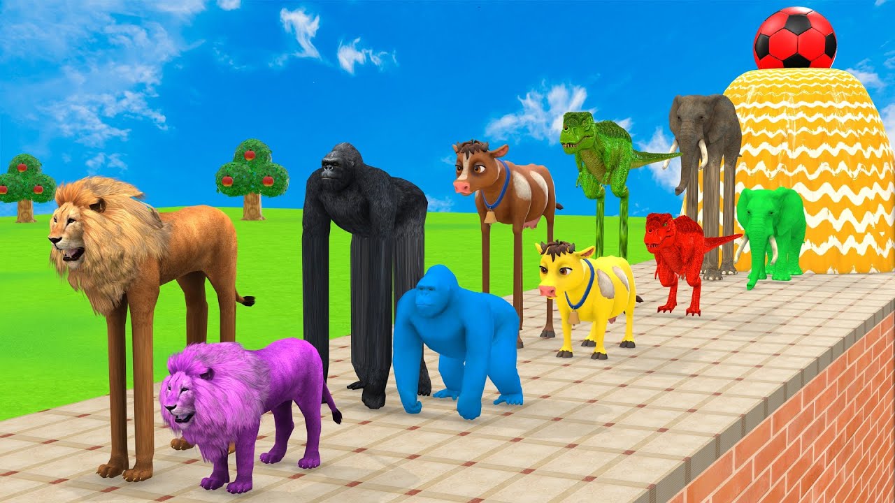 Playing as Spiderman in Long Slide Game with Cow Elephant Gorilla Hippo Tiger Funny 3d Animal Game
