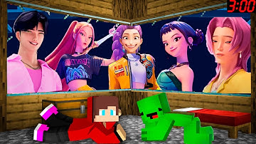 JJ and Mikey hide from Rumi Kpop Demon Hunter , Mira , Zoey , Jinu in Minecraft Maizen