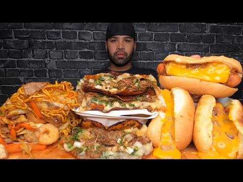 (ASMR NO TALKING) CHILI CHEESE DOGS, BIRRIA QUESA TACOS, CHICKEN, BEEF, AND SHRIMP CHOW MEIN NOODLES