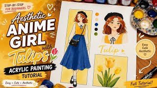 Easy Acrylic Painting Tutorial | Soft Anime Girl & Tulip Sketchbook Art🎨 screenshot 5