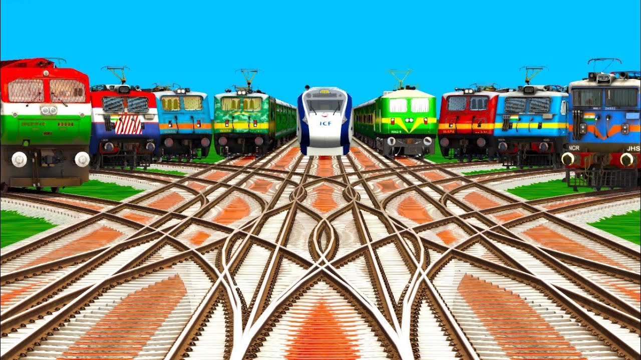 NINE Epic Trains Crossing By Bumpy Branched Railroad Tracks ll train video for Kids / train crossing