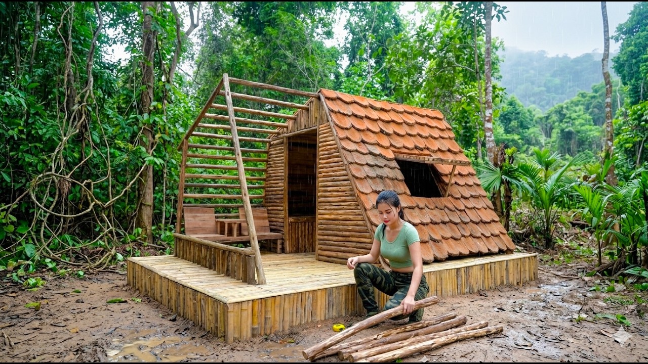 Young Girl Building a Bushcraft Shelter in Forest to Stay Safe From ...