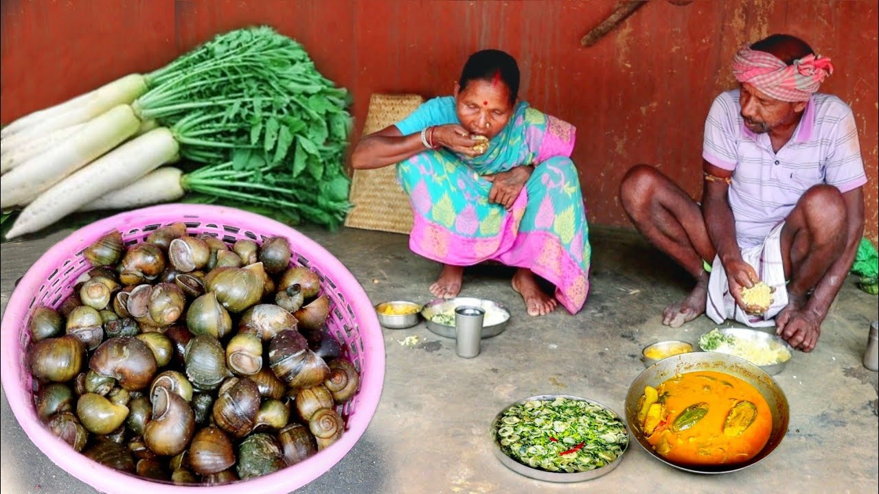 WILD SNAIL and mooli shak recipe cooking&eating with rice by our