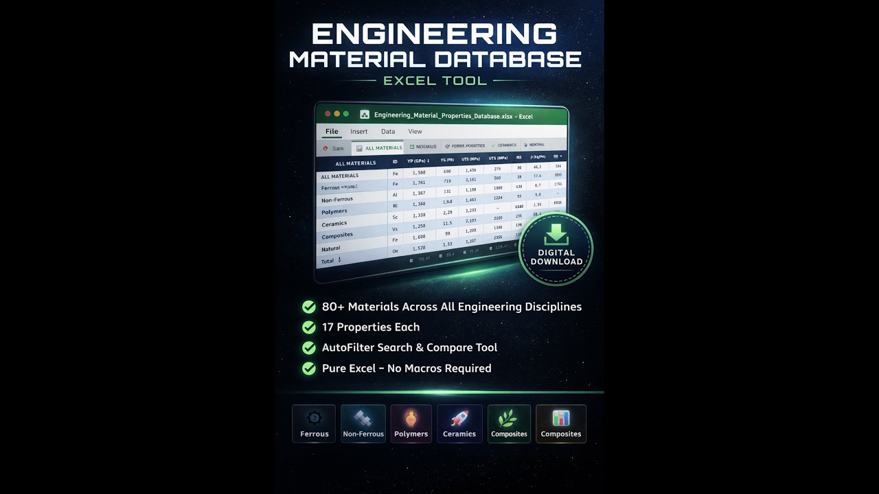 Material Database Excel Engineering Material Properties Database | Excel Reference Tool | 80 ...