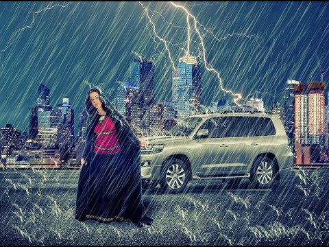 Girl with new car in rainfall photo manipulation tutoria photoshopl cc 2017