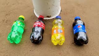 Coca Cola, Different Fanta, Mtn Dew, Pepsi,Sprite and Toy snake vs Mentos in Big Underground