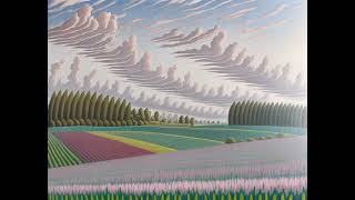 Painting of a field of flowers with a sky filled with clouds in the background