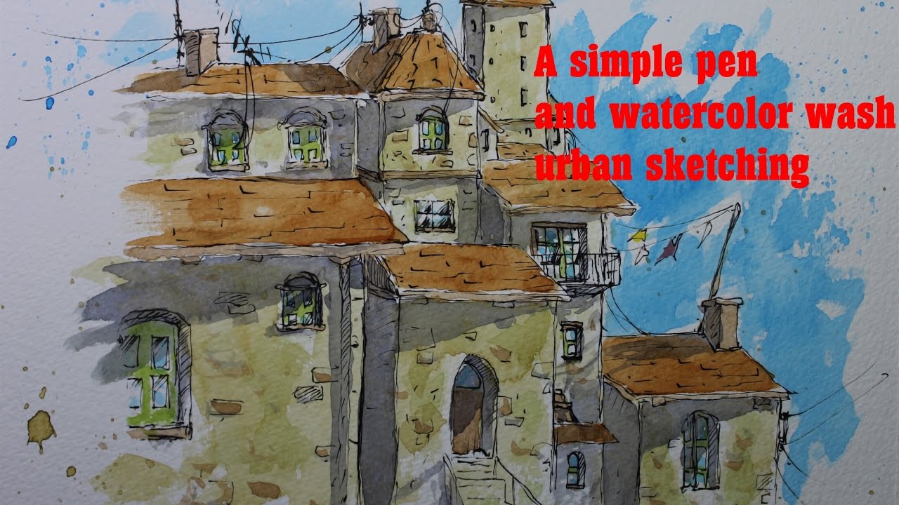A simple pen and watercolor wash urban sketching - YouTube