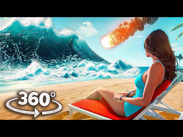 360 TSUNAMI AFTER ASTEROID FALL 1 - Escape the Wave on the Beach in Car with Girlfriend 4k VR Video class=