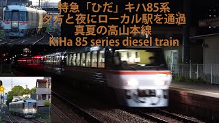 特急「ひだ」キハ85系（夕方と夜にローカル駅を通過）真夏の高山本線 KiHa 85 series diesel train