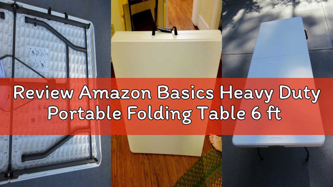 Review Amazon Basics Heavy Duty Portable Folding Table 6 ft with Carrying Handle, Indoor & Outdoor,
