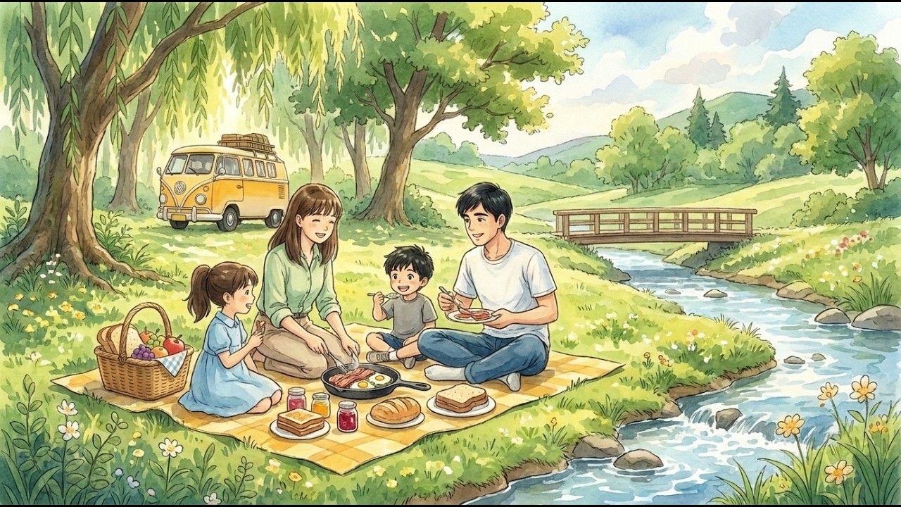 Family Caravan Camping in the Misty Mountains: Rainy Day Ramen \u0026 Magical Firefly Night |Ghibli-Style