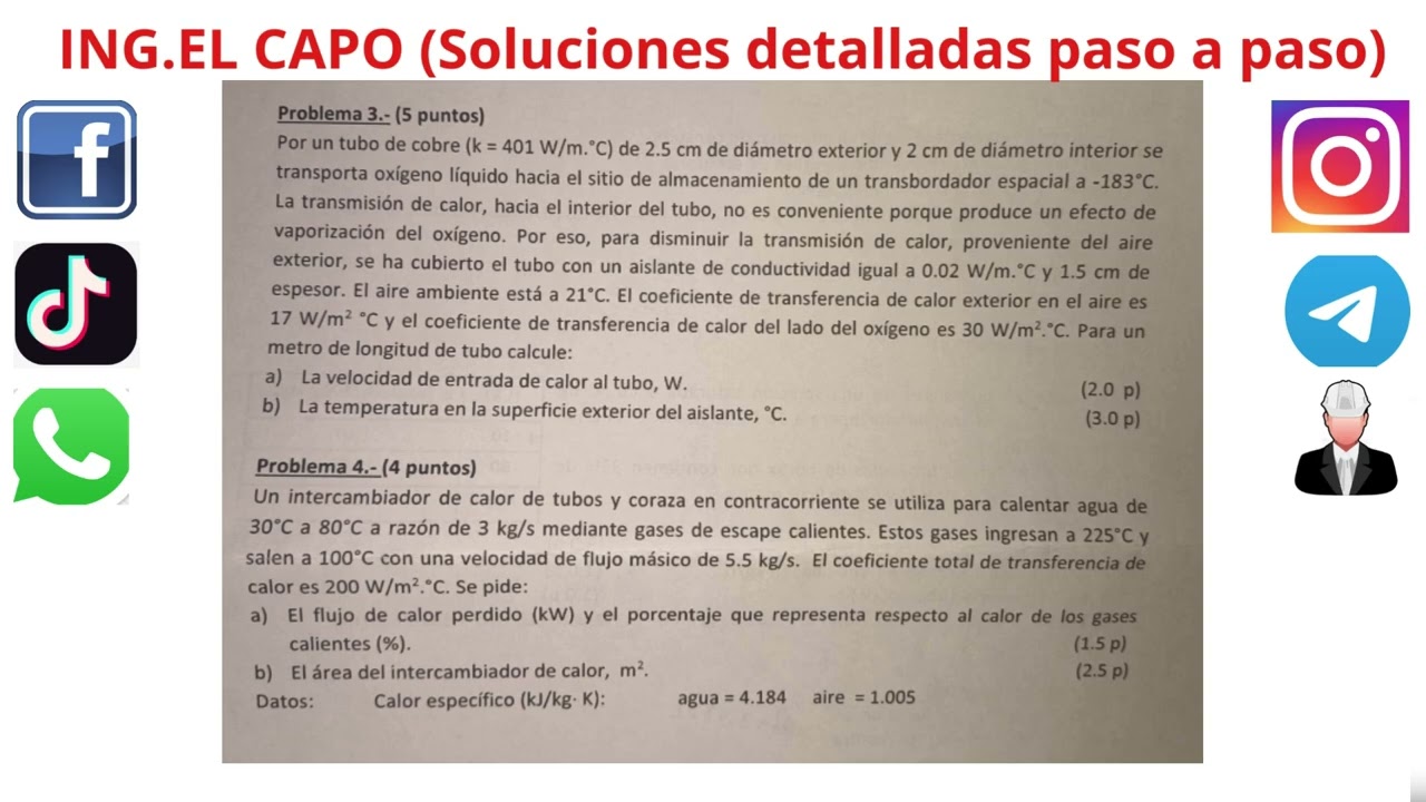 Por un tubo de cobre (k = 401 W/m·°C) de 2.5 cm de diámetro exterior y 2 cm de diámetro interior se