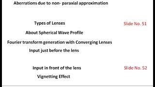 Types of lenses Spherical Wave Profile Fourier transform with Converging lenses Vignetting Effect