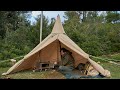 2 Days Solo Bushcraft Canvas Hot Tent Camping, Cooking on a Wood Stove...