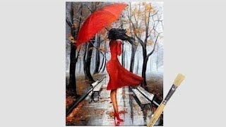 Easy Rainy season scenery drawing for beginners|| Green forest landscape scenery||girl with umbrella
