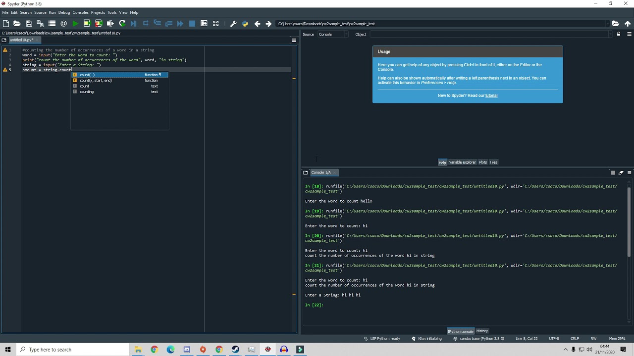 Python - Counting the number of occurrences of a word in a String - YouTube