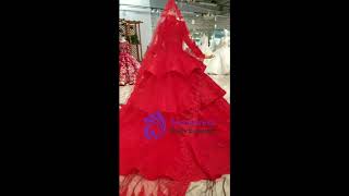 kemedress Red Ball Gown Lace Appliques High Neck Long Sleeve Wedding Dress