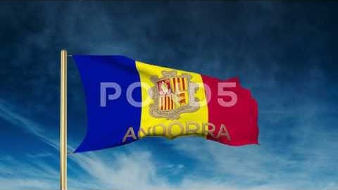 Andorra Flag Slider Style With Title. Waving In The Wind With Cloud Background
