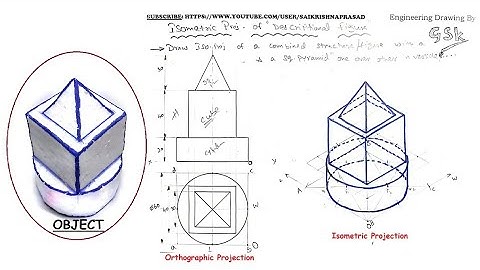Isometric Projection of a Described object ( CYLINDER+CUBE+SQ.PYRAMID)