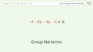 Linear equation with one unknown: Solve 2(-2-4p)+2(-2p-1)=0 step-by-step solution
