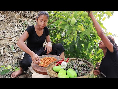 Mouth watering with Sour fruit: Green mango & Water mimosa vs Fish paste Chili for Eating delicious