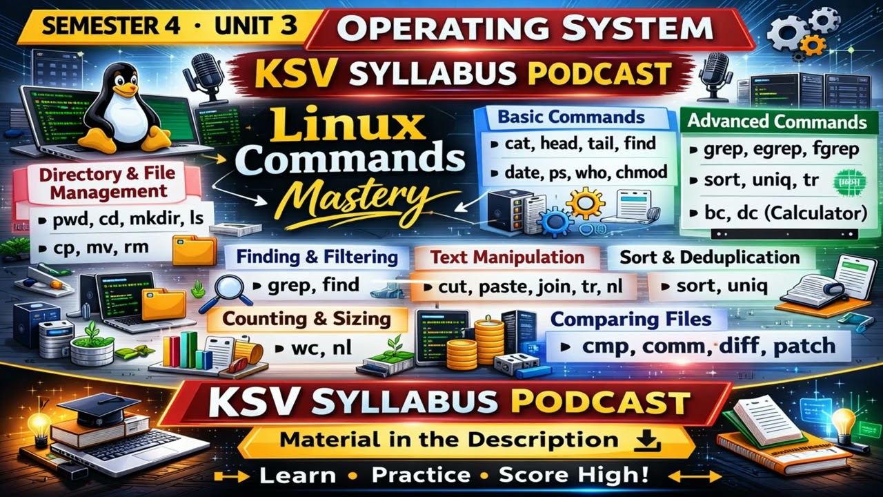 Sem 4 Operating System  Unit 3 | Linux Commands Guide | KSV Podcast | OS Important Topics