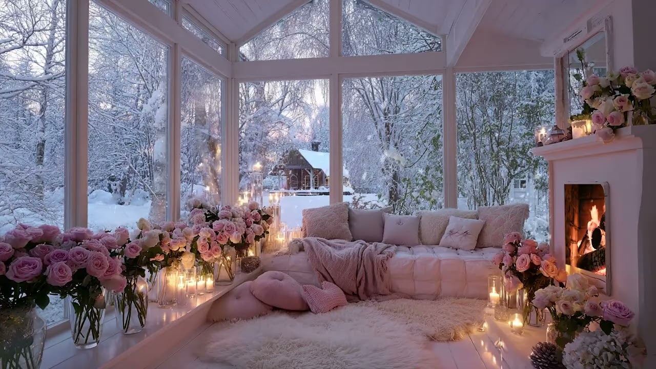 Cold Winter Wind Outside the Wooden Cabin | 3 Hours Fireplace Ambience for Sleep