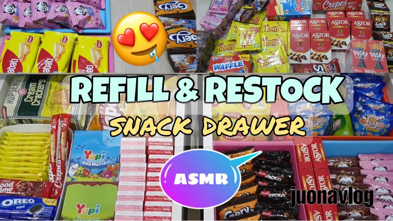 sub) ASMR REFILL RESTOCK Snack Drawer - Menata belanjaan snack untuk sebulan