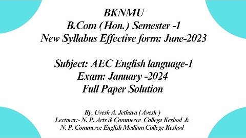 #bknmu B.com(Hon.) Sem-1 AEC English Language Exam 2024 Paper Solution #bknmu_bcom_sem_1