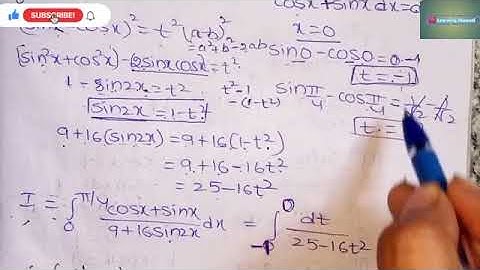 integral 0 to πpi sinx+cosx/9+16sin2x integration important 7 mark question 2nd year maths2b