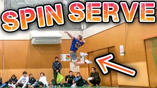 (Volleyball match) Bodybuilder's spin serve is the strongest