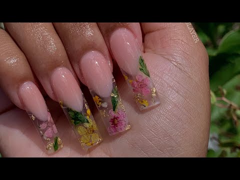 Long Deep French Floral Encapsulated Acrylic Nail