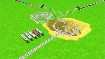 SEVEN TRAINS RUNNING AT ROUND CIRCLE TRACKS ZIG 🟡 ZAG CURVE TRACK RAILWORK RAILROAD BEANG 