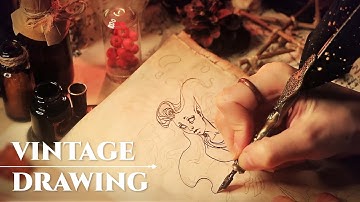 ASMR | Vintage Mermaid Drawing | papers, nib feather pen, fireplace sounds