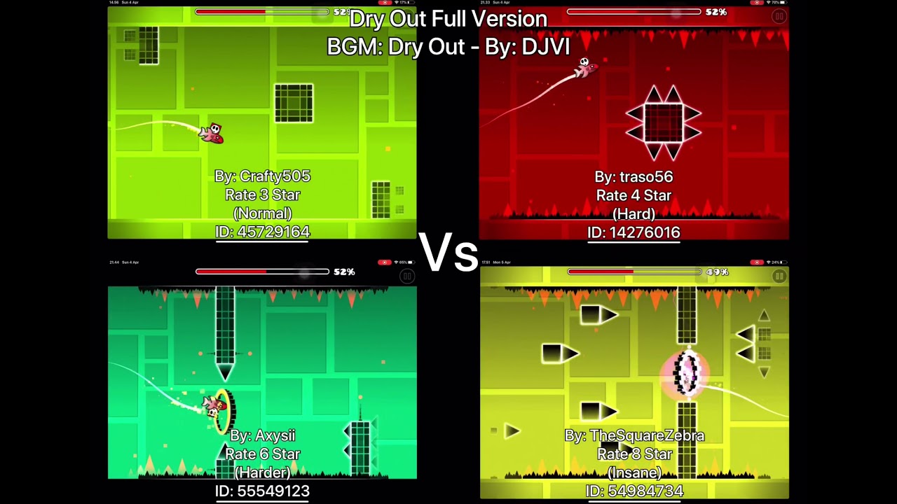 Geometry Dash = Dry Out Full Version (Comparison) (Crafty505 Vs traso56 Vs Axysii Vs TheSquareZebra)