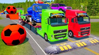 Double Flatbed Trailer Truck vs Speedbumps Train vs Cars | Tractor vs Train Beamng.Drive 031