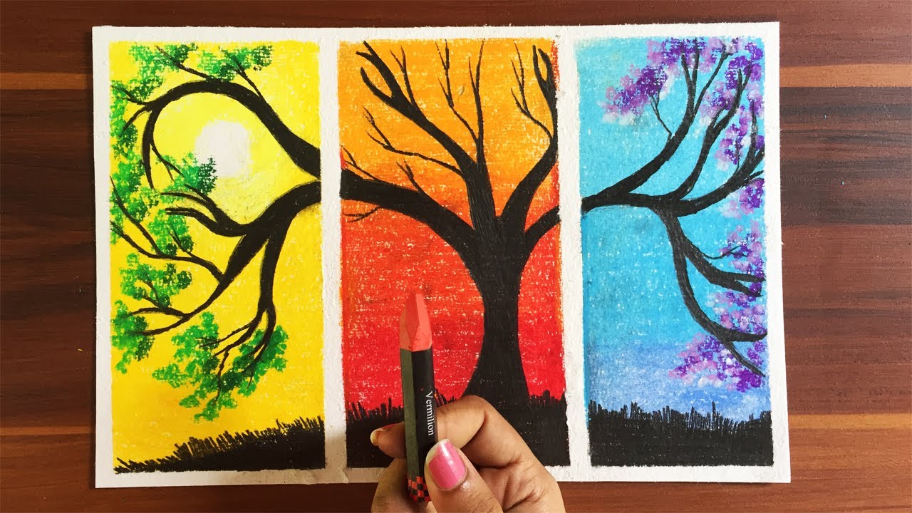 A Tree In Three Season Drawing / Easy Oil Pastel Drawing