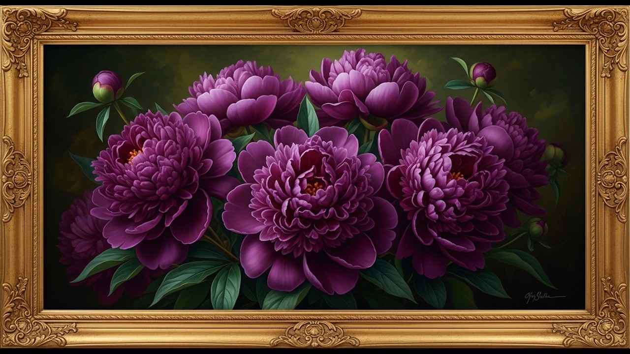 Frame TV Art: Luxurious Purple Peonies Bouquet in Dramatic Glow | 4K Ambient Art