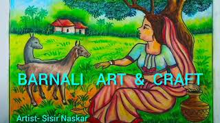 Village housewife picture with oil pastel/ How to draw a  Indian Village Scenery drawing tutorial#12